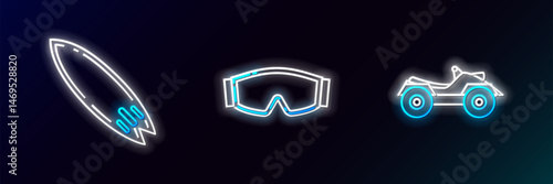 Set line All Terrain Vehicle or ATV motorcycle, Surfboard and Ski goggles icon. Glowing neon. Vector