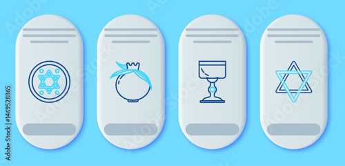 Set line Pomegranate, Jewish goblet, coin and Star of David icon. Vector