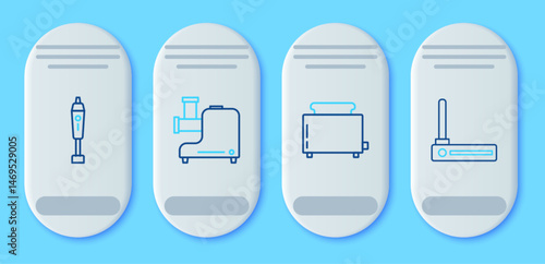 Set line Kitchen meat grinder, Toaster with toasts, Blender and Router and wi-fi signal icon. Vector