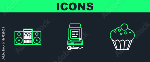 Set line Muffin, Home stereo with two speakers and Karaoke icon. Vector