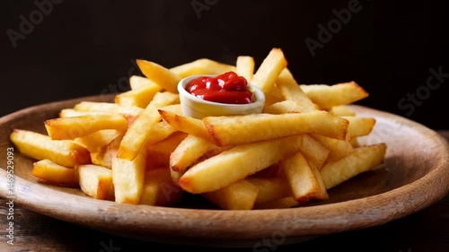 Serving Fresh Golden French Fries with Ketchup on Wooden Plate