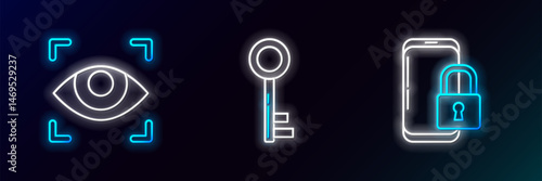 Set line Smartphone with closed padlock, Eye scan and Key icon. Glowing neon. Vector