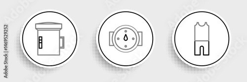 Set line Wetsuit for scuba diving, Big flashlight diver and Wind rose icon. Vector