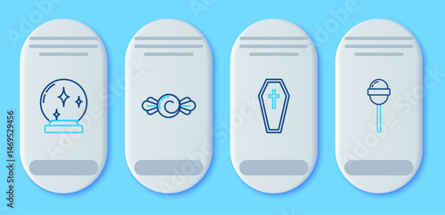 Set line Candy, Coffin with christian cross, Magic ball and Lollipop icon. Vector