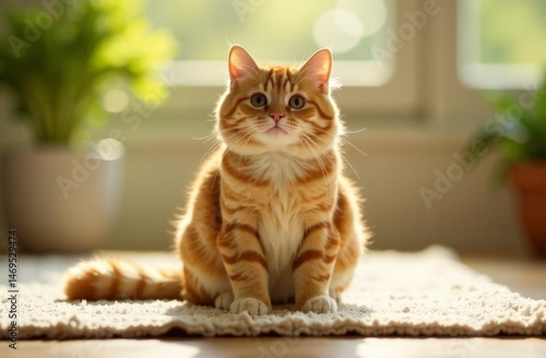 portrait of a red fluffy cat sitting on a rug in a room on a sunny day