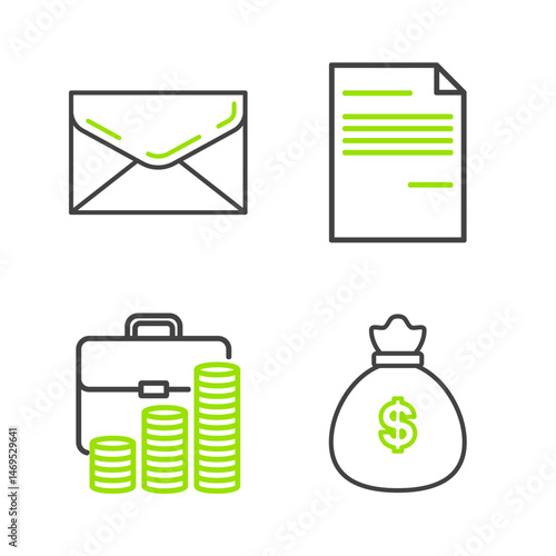 Set line Money bag, Briefcase and coin, Document and Envelope icon. Vector