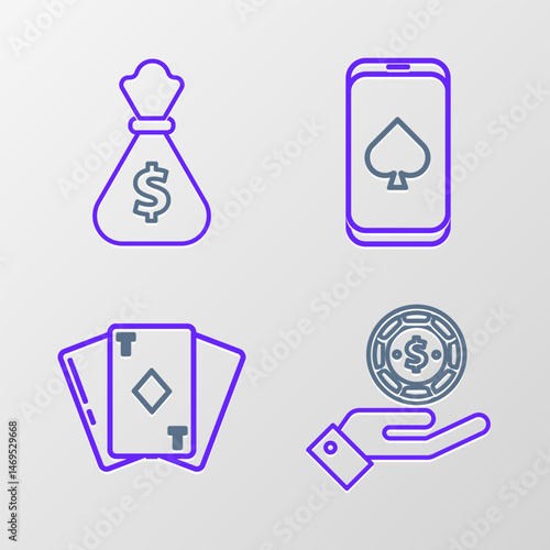 Set line Hand holding casino chips, Playing card with diamonds, Online poker table game and Money bag icon. Vector