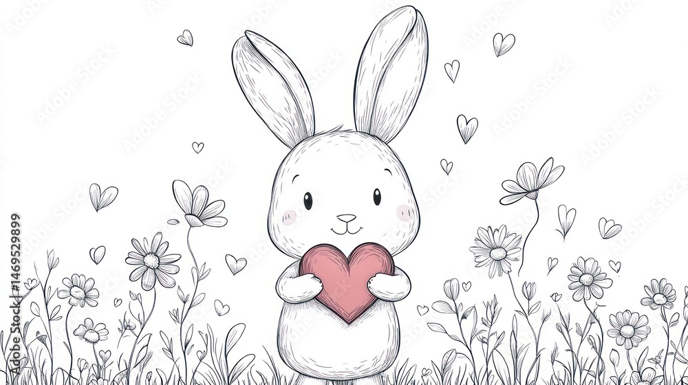 Fototapeta premium Cute bunny holding heart, flower field, Valentine's card