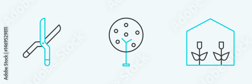Set line Home greenhouse and plants, Gardening handmade scissors and Tree icon. Vector