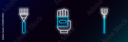 Set line Garden pitchfork, rake and gloves icon. Glowing neon. Vector