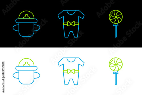 Set line Lollipop, Baby bottle and clothes icon. Vector