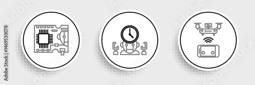 Set line Remote aerial drone, Printed circuit board PCB and Robot and digital time manager icon. Vector