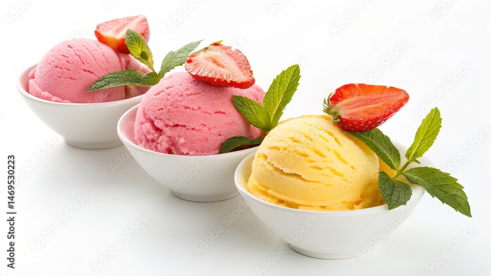 Strawberry and Mango Ice Cream Trio Scoops in Bowls, Summer Dessert, Food Photography, Ice Cream, Dessert Ice Cream, Summer Dessert Strawberry and Mango Ice Cream Trio Scoops in Bowls, Summer Dessert, Food Photography, Ice Cream, Dessert Ice Cream, Summer Dessert