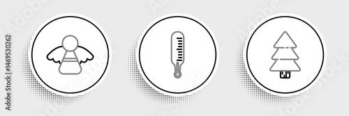 Set line Christmas tree, angel and Meteorology thermometer measuring icon. Vector