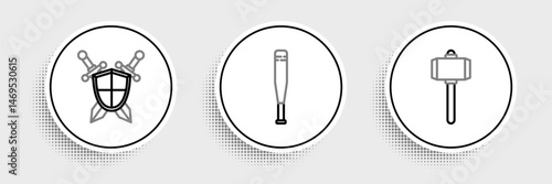 Set line Battle hammer, Medieval shield with crossed swords and Baseball bat icon. Vector