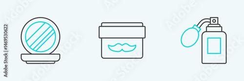 Set line Aftershave bottle with atomizer, Makeup powder mirror and Cream lotion cosmetic jar icon. Vector