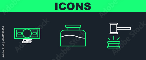 Set line Judge gavel, Stacks paper money cash and Inkwell icon. Vector