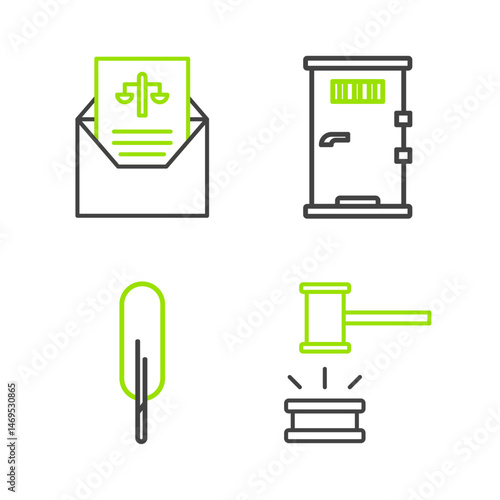 Set line Judge gavel, Feather pen, Prison cell door and Subpoena icon. Vector