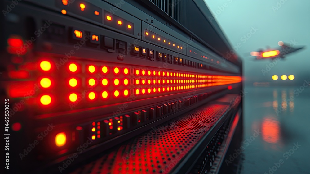 Futuristic server rack with glowing lights and distant aircraft. Futuristic server rack with glowing lights and distant aircraft.
