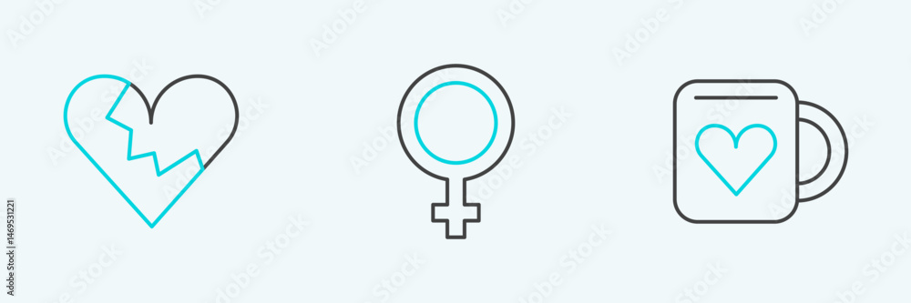 Set line Coffee cup and heart, Broken or divorce and Female gender symbol icon. Vector Set line Coffee cup and heart, Broken or divorce and Female gender symbol icon. Vector
