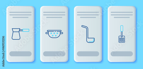 Set line Kitchen colander, ladle, Coffee turk and Spatula icon. Vector
