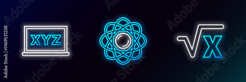 Set line Square root of x glyph, XYZ Coordinate system and Atom icon. Glowing neon. Vector
