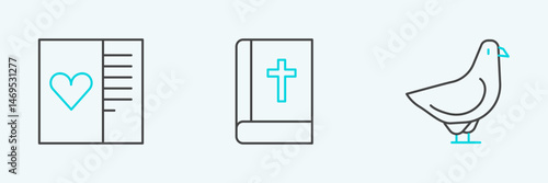 Set line Dove, Postcard with heart and Holy bible book icon. Vector