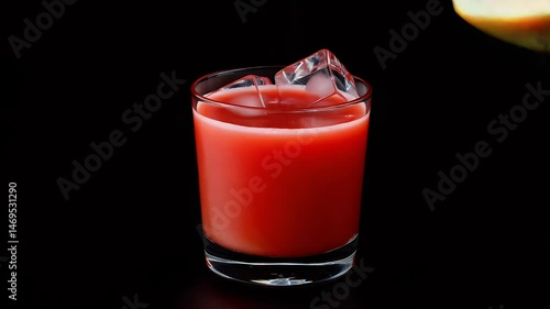 Refreshing Red Juice Pouring into Glass with Ice Cubes