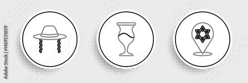 Set line Star of David, Orthodox jewish hat and Jewish goblet icon. Vector