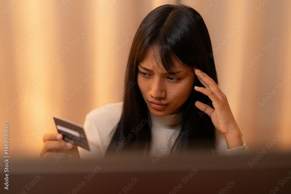 Young asian woman sitting in front of a computer, looking concerned while holding a credit card in a dimly lit room at night. Young asian woman sitting in front of a computer, looking concerned while holding a credit card in a dimly lit room at night.