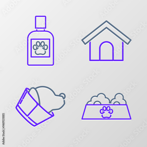 Set line Pet food bowl for cat or dog, Veterinary clinic symbol, Dog house and medicine bottle icon. Vector