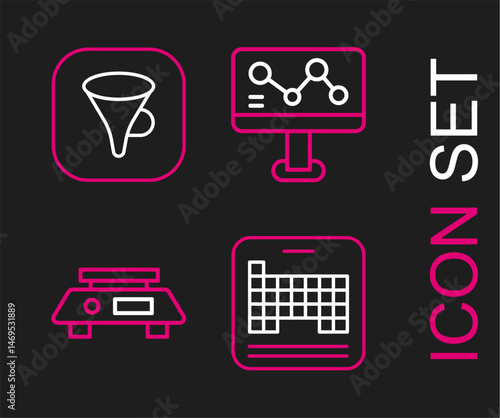 Set line Periodic table, Electronic scales, Chemical formula and Funnel filter icon. Vector