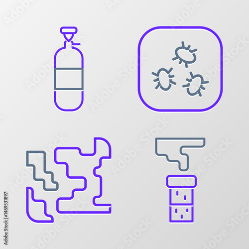 Set line Test tube and flask, Gaseous, Bacteria and Propane gas tank icon. Vector