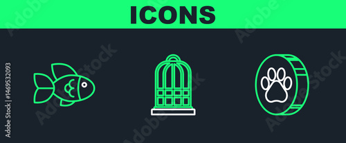 Set line Paw print, Fish and Cage for birds icon. Vector
