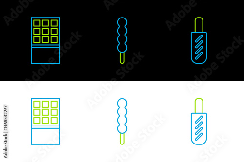 Set line Hotdog sandwich, Chocolate bar and Lollipop icon. Vector