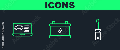 Set line Screwdriver, Diagnostics condition of car and Car battery icon. Vector
