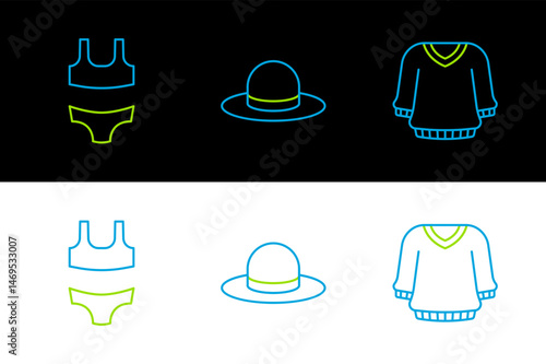 Set line Sweater, Swimsuit and Man hat icon. Vector