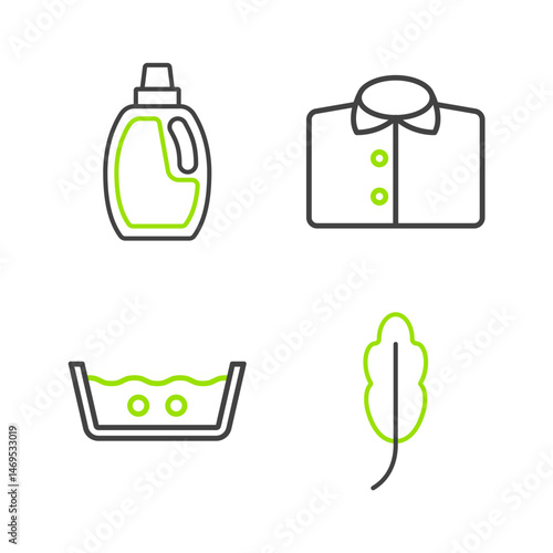 Set line Feather, Temperature wash, T-shirt and Bottle for cleaning agent icon. Vector