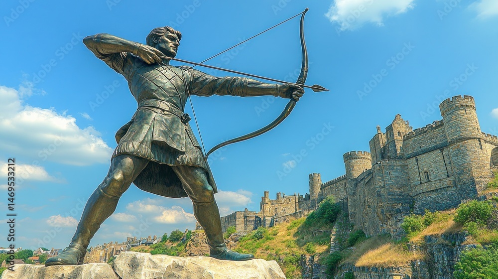 Obraz premium Bronze archer statue, medieval castle backdrop