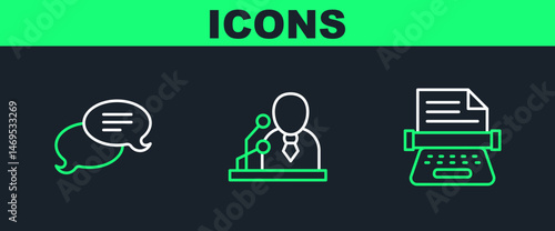 Set line Retro typewriter, Speech bubble chat and Breaking news icon. Vector