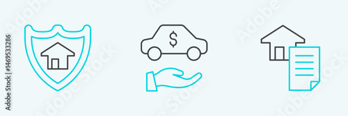 Set line House contract, with shield and Car rental icon. Vector