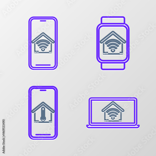 Set line Laptop with smart home with wi-fi, Mobile phone house temperature, Smart watch and icon. Vector