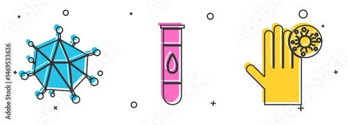 Set Virus, Blood test and virus and Hand with virus icon. Vector
