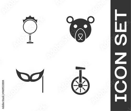 Set Unicycle or one wheel bicycle, Circus fire hoop, Festive mask and Bear head icon. Vector