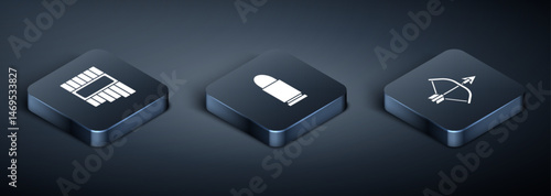 Set Isometric Pan flute, Bow and arrow in quiver and Bullet icon. Vector