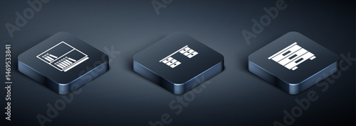 Set Isometric Library bookshelf, Furniture nightstand and Office desk icon. Vector