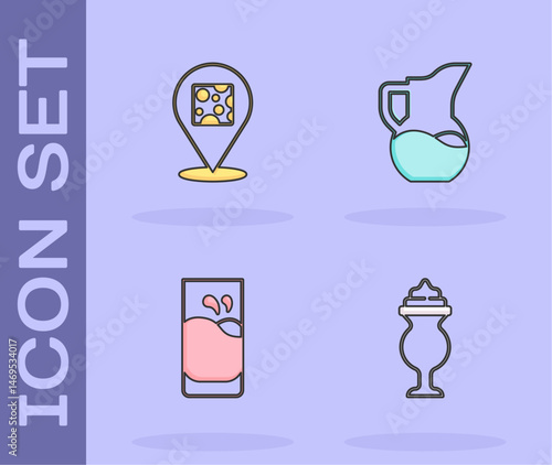 Set Milkshake, Cheese, Glass with milk and jug or pitcher icon. Vector