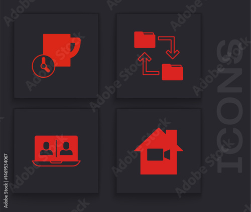Set Video camera Off in home, Time management, Cloud storage document folder and chat conference icon. Vector