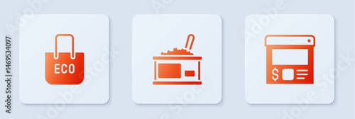 Set Tin can with caviar, Shopping bag recycle and Online ordering and delivery. White square button. Vector