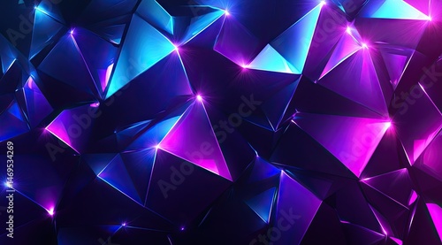 Glowing, multifaceted abstract art featuring dark blue and purple geometric shapes with bright highlights